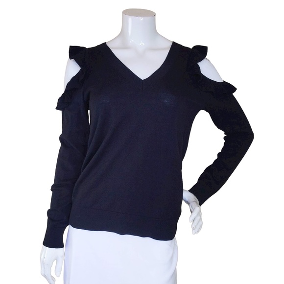 Michael Kors Black Off the Shoulder Ruffle V Neck Sweater - Picture 7 of 10